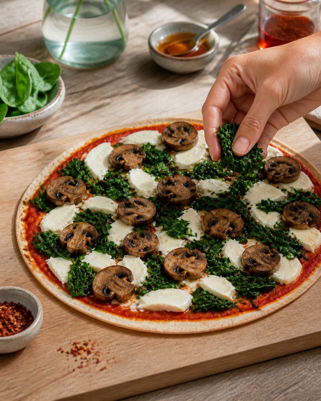ristede svampe, spinat og mozzarella fordeles jævnt i den ubagte tortillapizzaerne under tilberedningen af tortillapizza med svampe, spinat og chili-honning