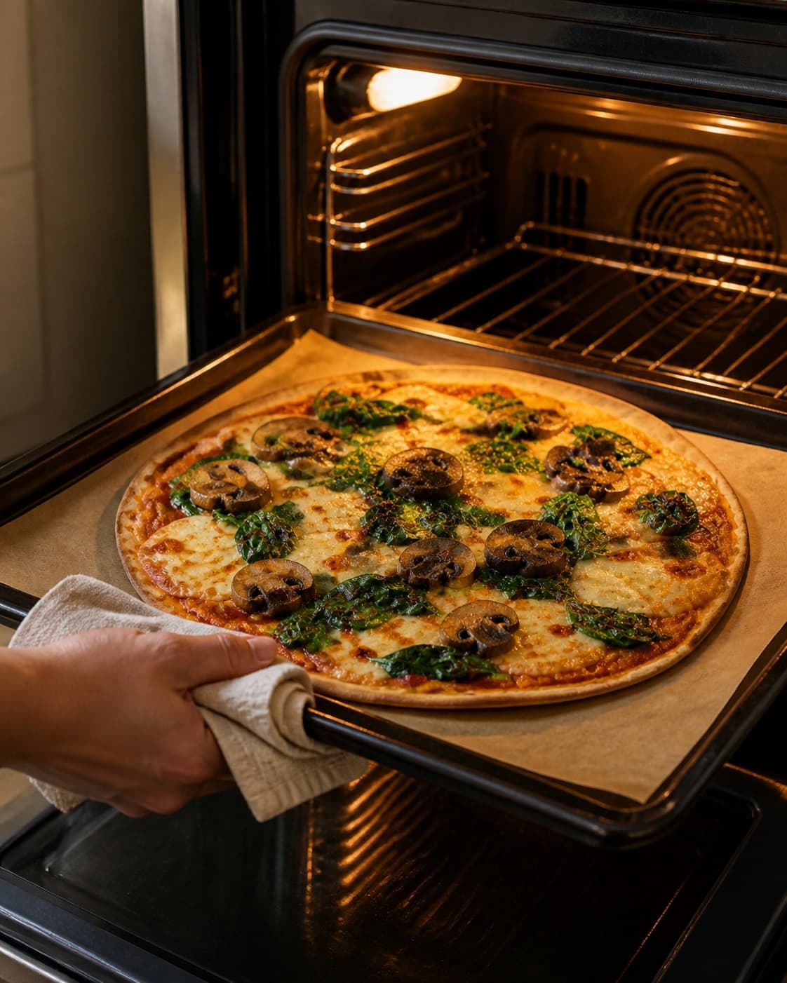 tortillapizzaerne bager gylden med synligt fast centrum under tilberedningen af tortillapizza med svampe, spinat og chili-honning