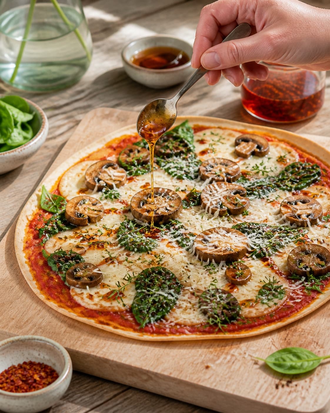 tortillapizzaerne hviler før chili-honning, timian og parmesan tilføjes under tilberedningen af tortillapizza med svampe, spinat og chili-honning