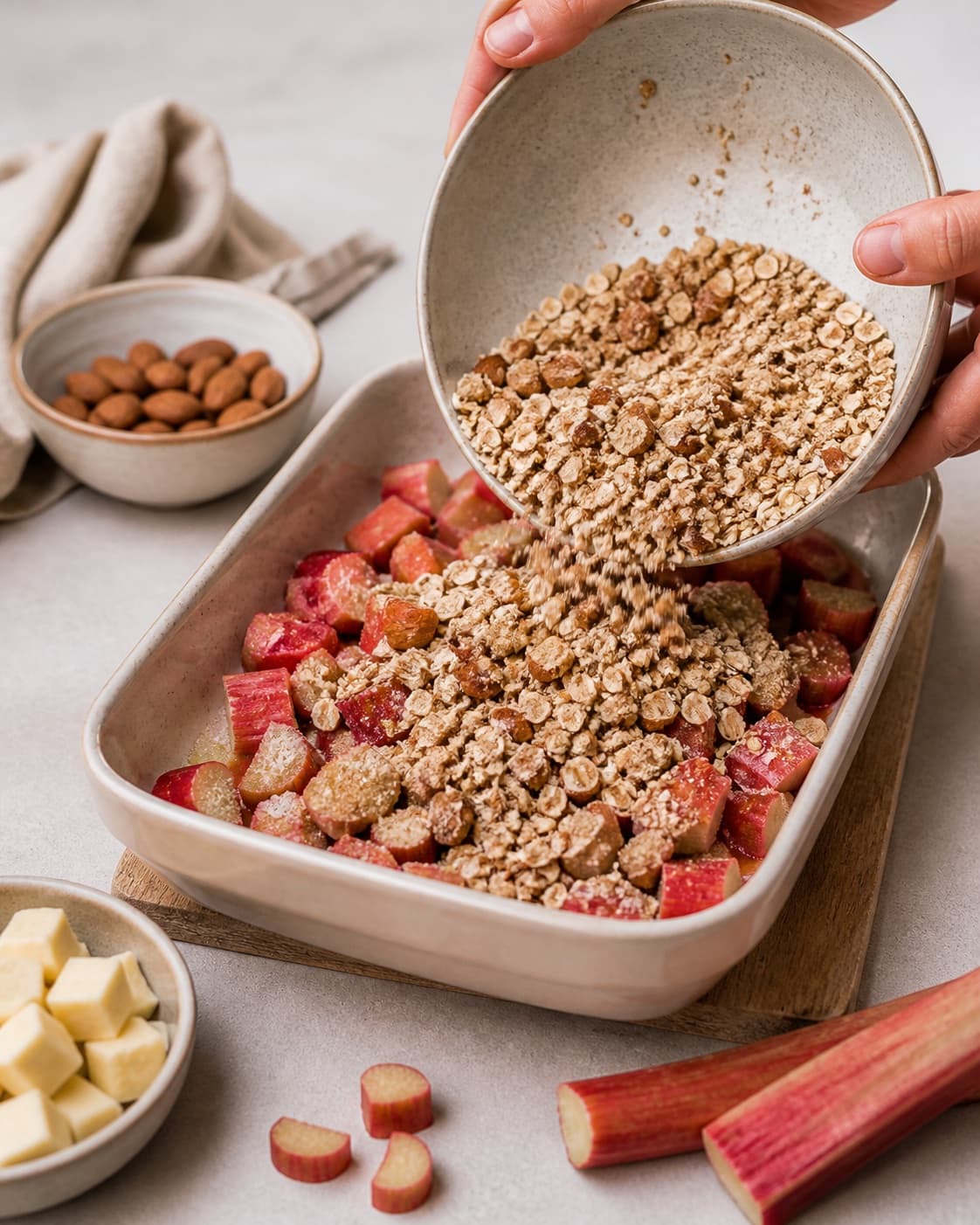 Afvejede råvarer til rabarbercrumblen ligger adskilt i lyse skåle under tilberedningen af rabarbercrumble med marcipan, mandel og rug