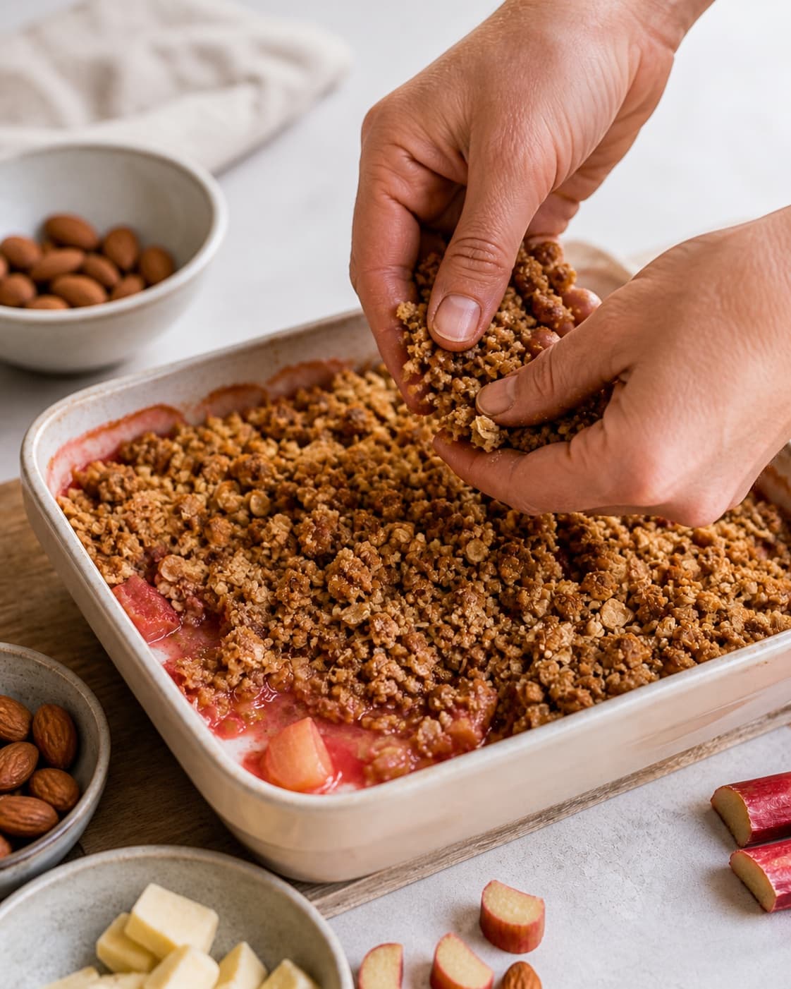 rug-mandelcrumblen samles nænsomt til rabarbercrumblen under tilberedningen af rabarbercrumble med marcipan, mandel og rug