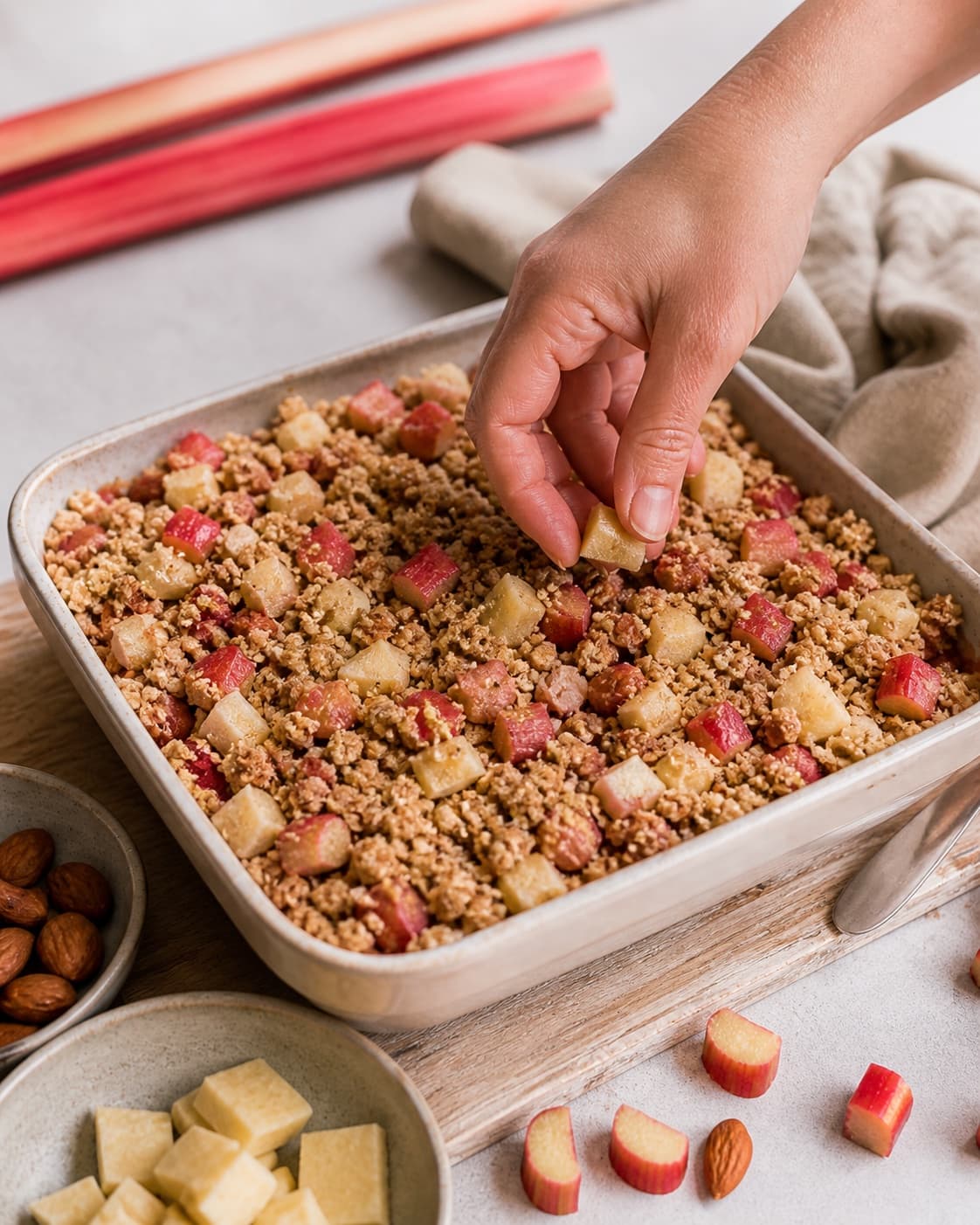 rabarber, vanilje og marcipan fordeles jævnt i den ubagte rabarbercrumblen under tilberedningen af rabarbercrumble med marcipan, mandel og rug