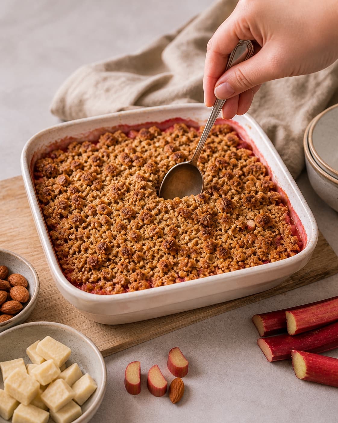 rabarbercrumblen bager gylden med synligt fast centrum under tilberedningen af rabarbercrumble med marcipan, mandel og rug