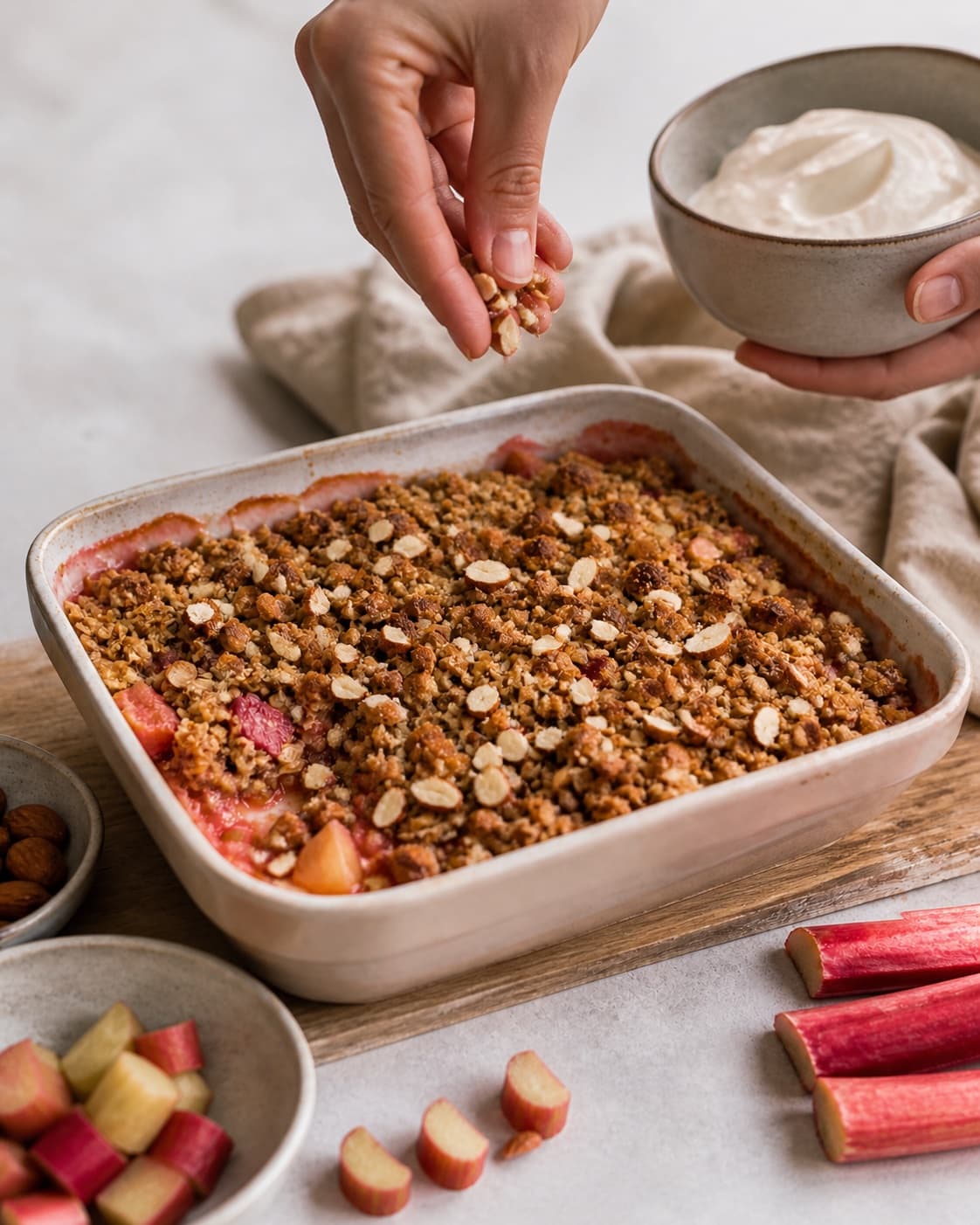 rabarbercrumblen hviler før ristede mandler og kold creme fraiche tilføjes under tilberedningen af rabarbercrumble med marcipan, mandel og rug