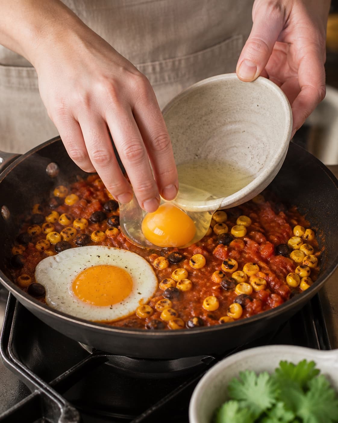 huevos rancheros formes i ens emner på en plade under tilberedningen af huevos rancheros med sorte bønner og ristet majssalsa