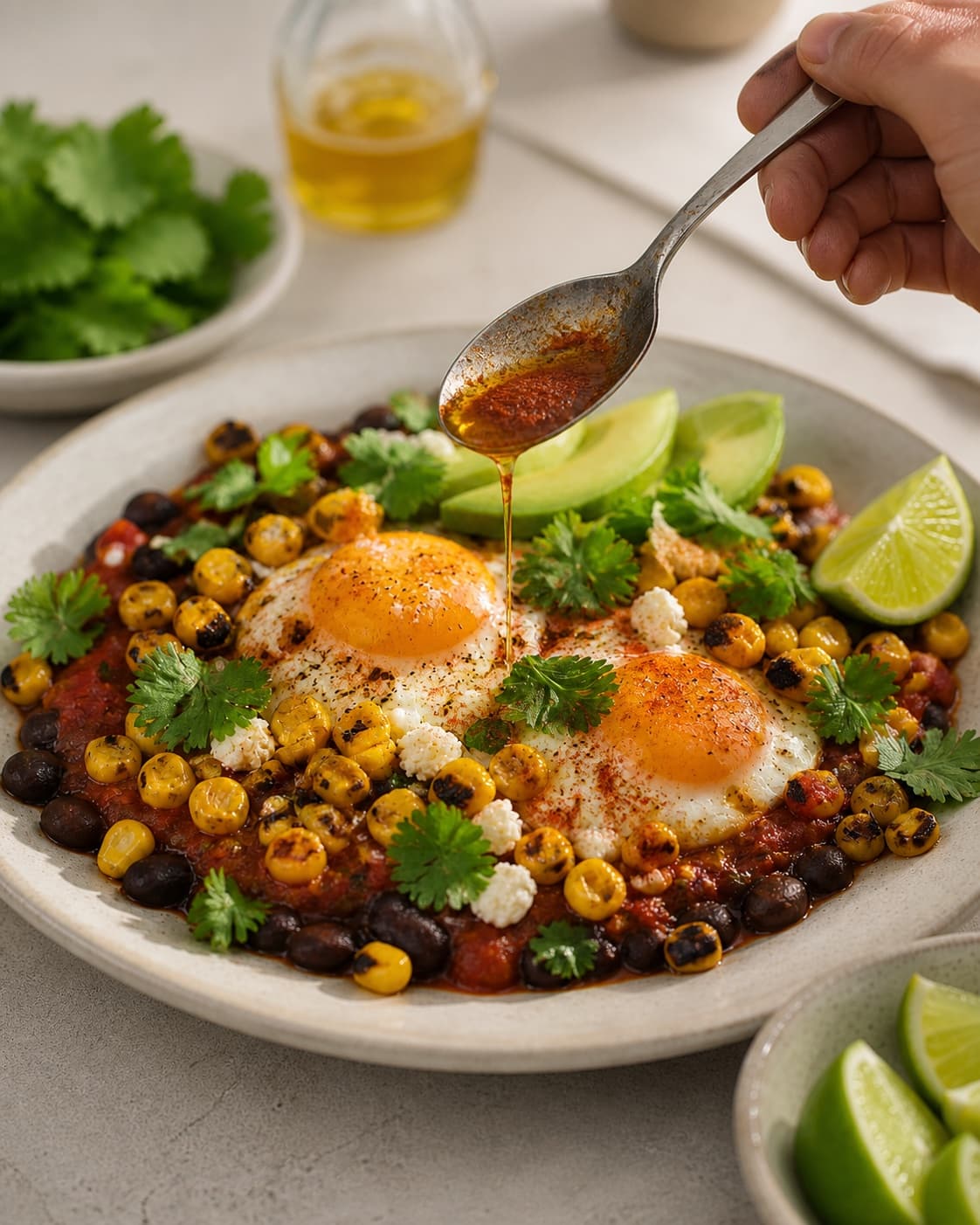 huevos rancheros dækkes jævnt med et tyndt lag olie og røget paprika under tilberedningen af huevos rancheros med sorte bønner og ristet majssalsa