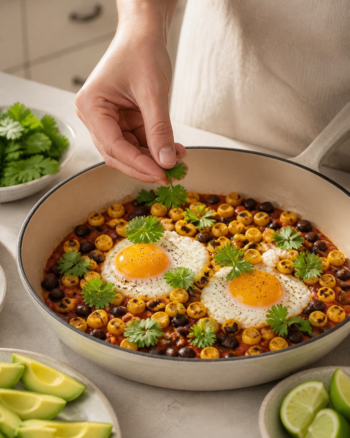 huevos rancheros afdrypper sprød før ristet majssalsa, avocado og koriander under tilberedningen af huevos rancheros med sorte bønner og ristet majssalsa