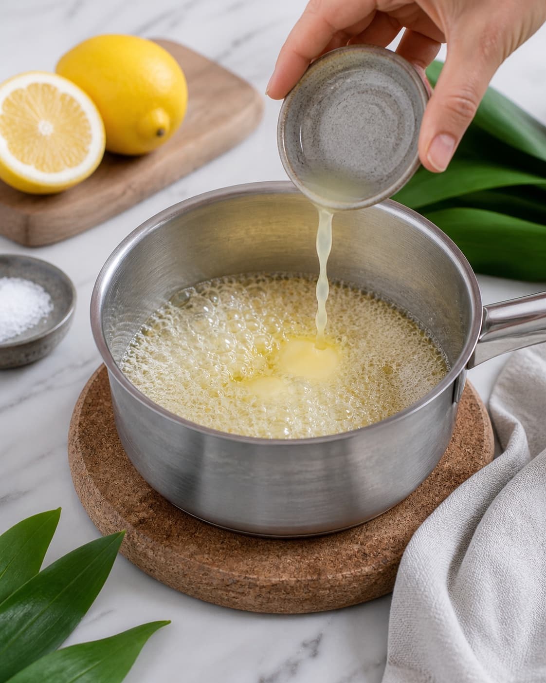 det bløde smør og citronsaft koges klart til ramsløgssmørret under tilberedningen af ramsløgssmør med citron, kapers og flagesalt