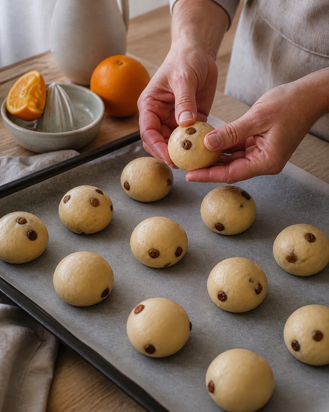 rosinbollerne formes ensartet før bagning under tilberedningen af rosinboller med appelsin, kardemomme og kærnemælk