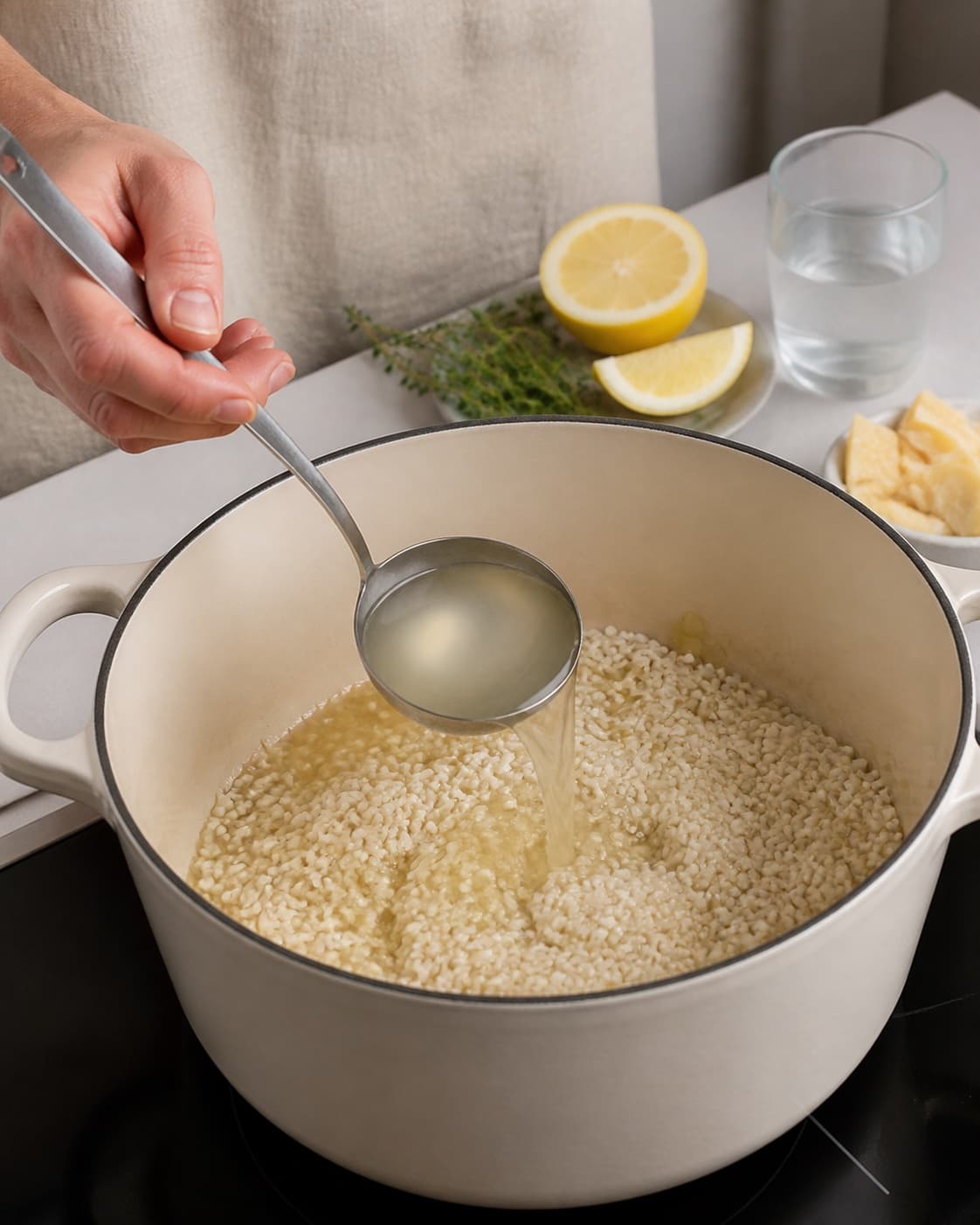 Råvarer til sæsonrisottoen står klargjort ved gryden under tilberedningen af sæsonrisotto med citron, parmesan og urteolie