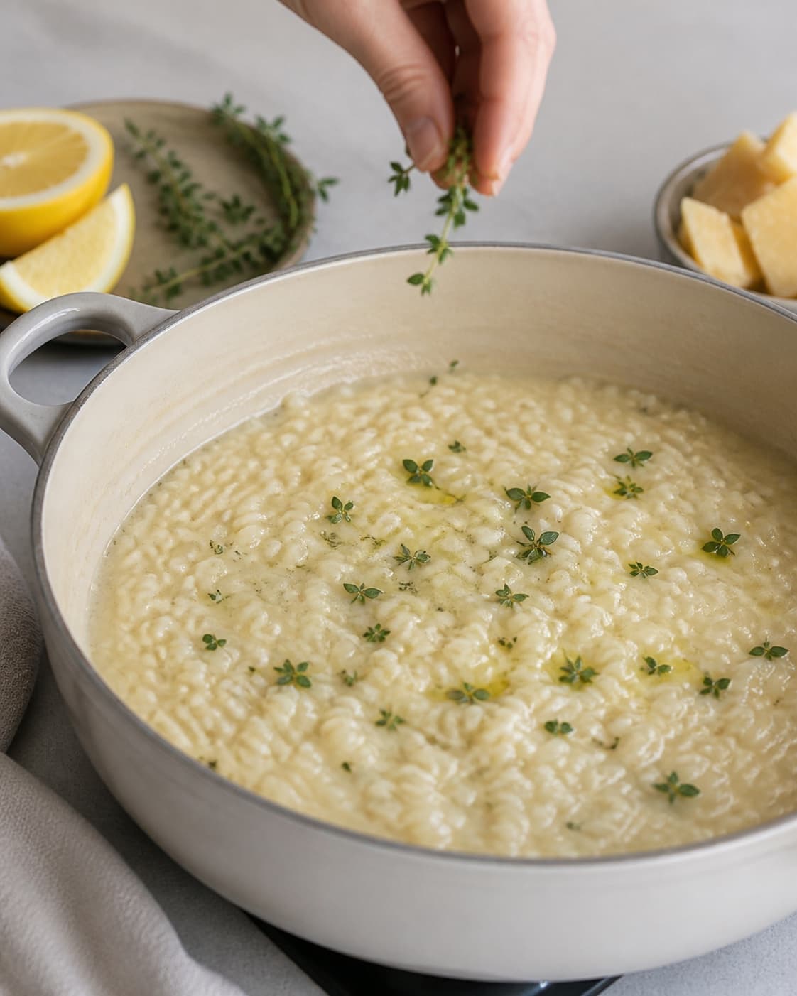 sæsonrisottoen simrer roligt med små bobler under tilberedningen af sæsonrisotto med citron, parmesan og urteolie