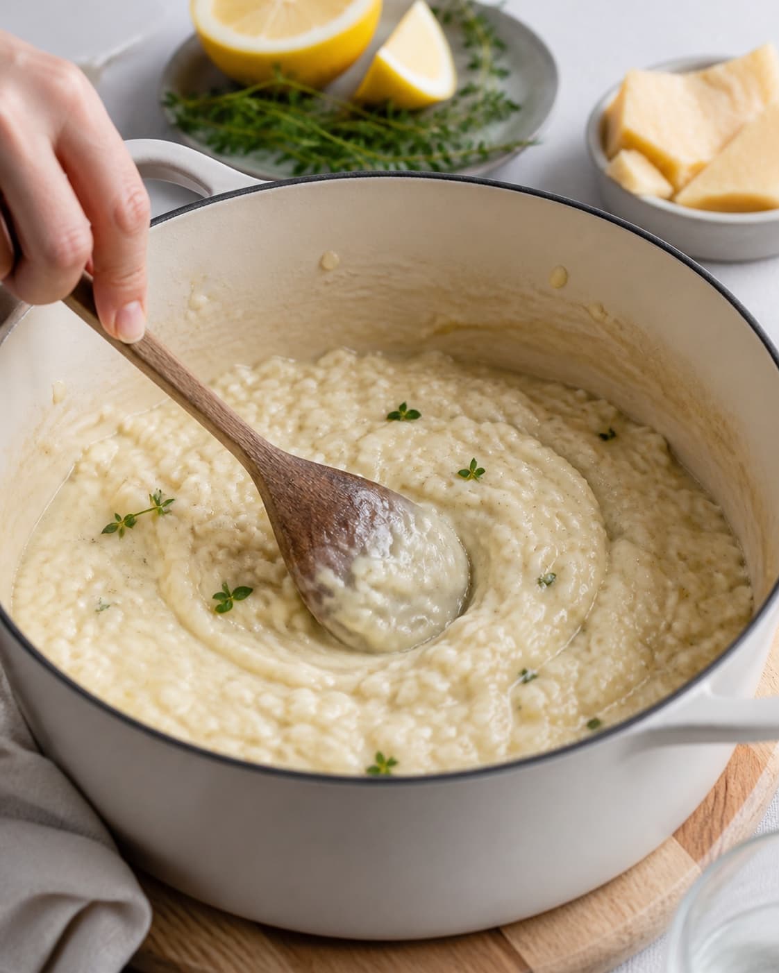 sæsonrisottoen justeres til en blank sammenhængende konsistens under tilberedningen af sæsonrisotto med citron, parmesan og urteolie