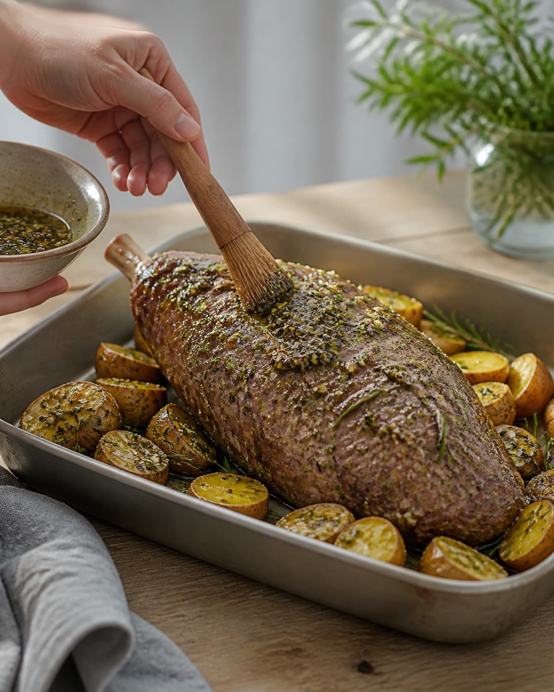lammekølle og små kartofler pensles jævnt med hvidløg, citron, rosmarin og olie under tilberedningen af langtidsstegt lammekølle med hvidløg, citron og rosmarin