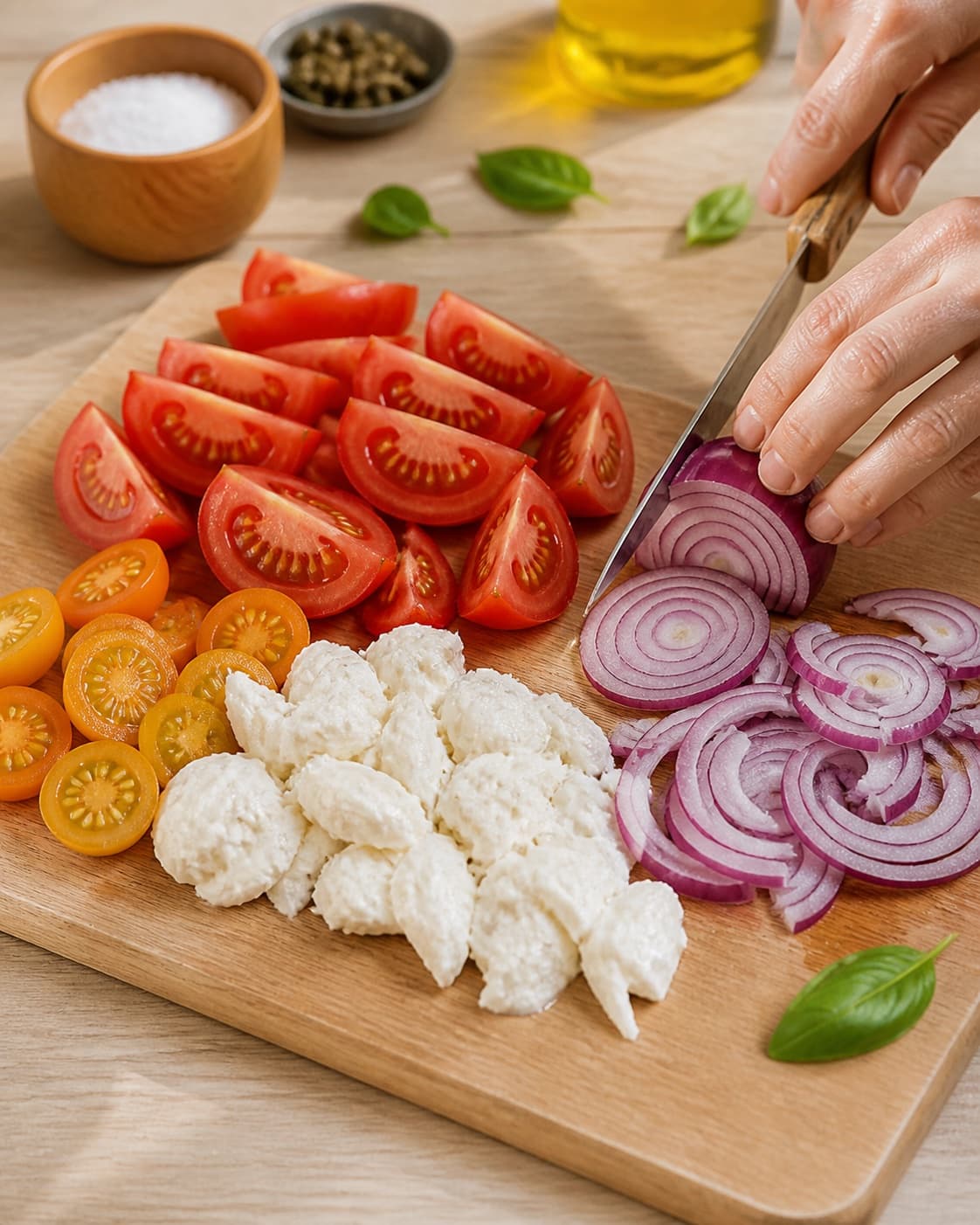 tomater, mozzarella og rødløg klargøres ensartet til tomatsalaten under tilberedningen af tomatsalat med mozzarella, basilikum og sprøde kapers