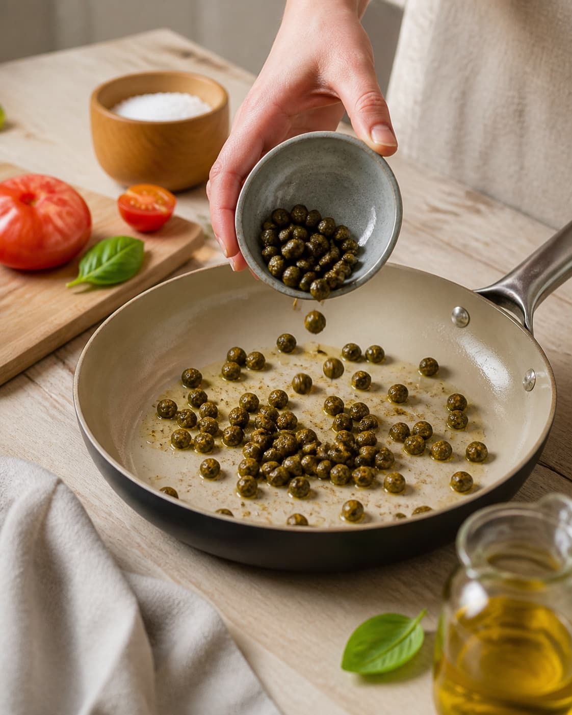 Sprødt tilbehør ristes gyldent til tomatsalaten under tilberedningen af tomatsalat med mozzarella, basilikum og sprøde kapers