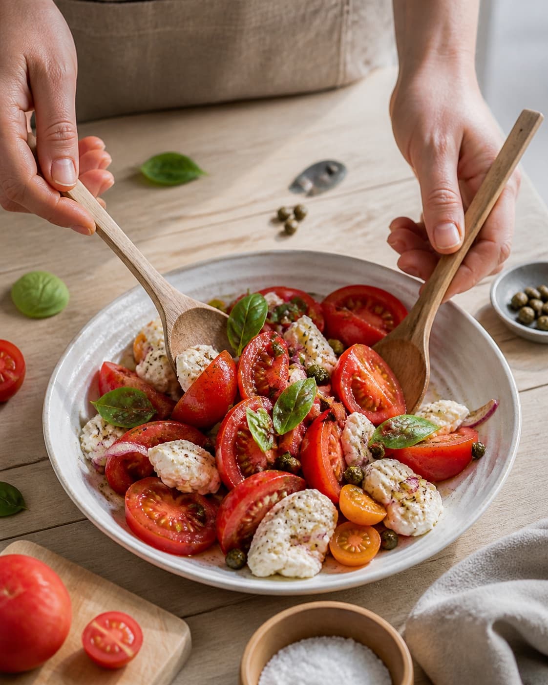 tomatsalaten vendes nænsomt med balsamico-citrondressingen under tilberedningen af tomatsalat med mozzarella, basilikum og sprøde kapers