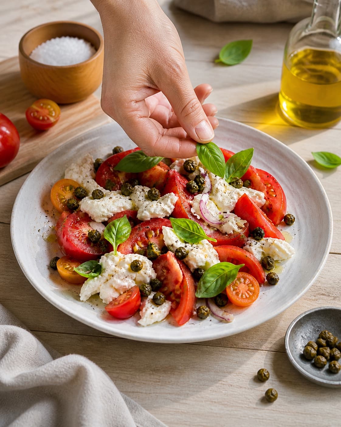 tomatsalaten anrettes luftigt med sprøde kapers og basilikum under tilberedningen af tomatsalat med mozzarella, basilikum og sprøde kapers