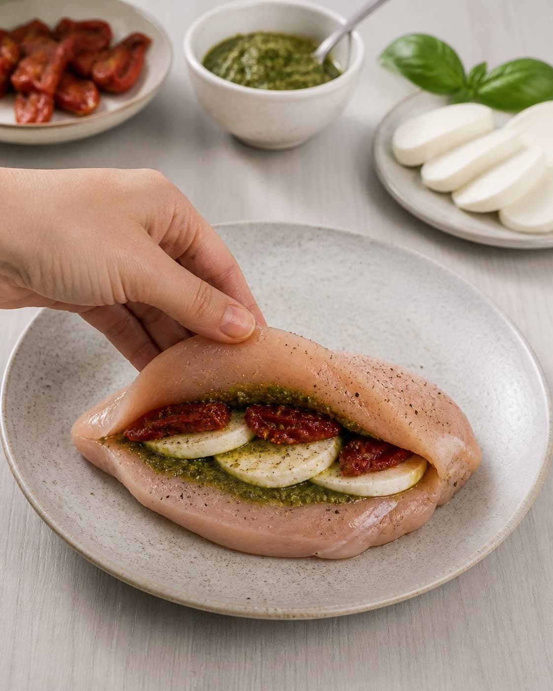 kyllingebryst med pesto og mozzarella klargøres ensartet til det fyldte kyllingebryst under tilberedningen af fyldt kyllingebryst med pesto, mozzarella og ovntomater