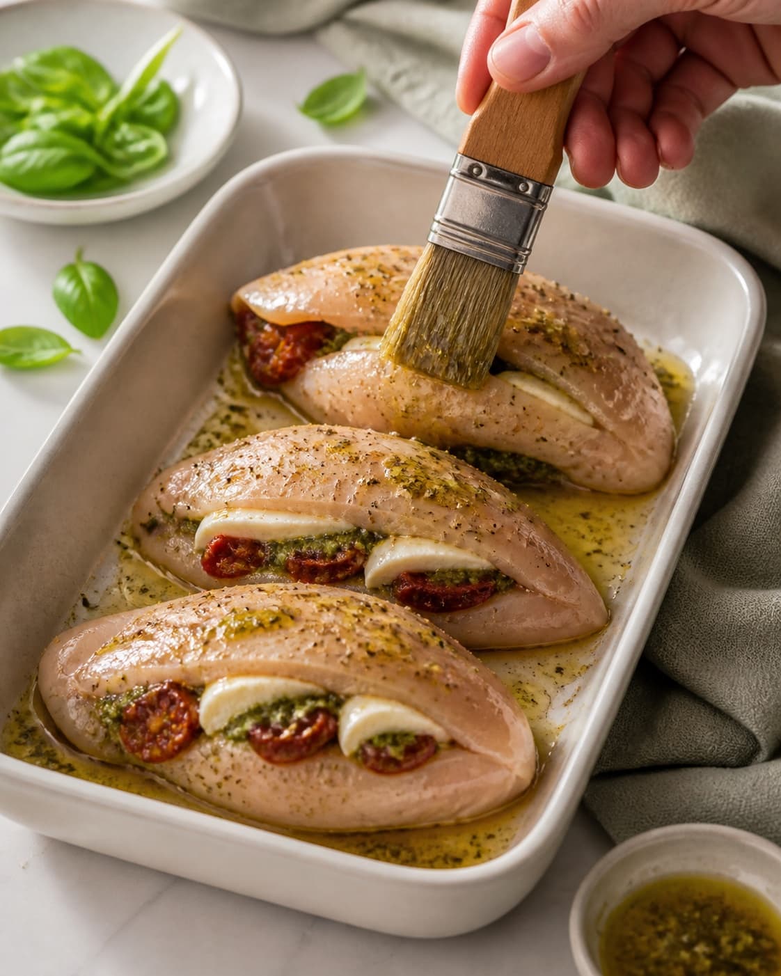 kyllingebryst med pesto og mozzarella pensles jævnt med olie, citron og hvidløg under tilberedningen af fyldt kyllingebryst med pesto, mozzarella og ovntomater