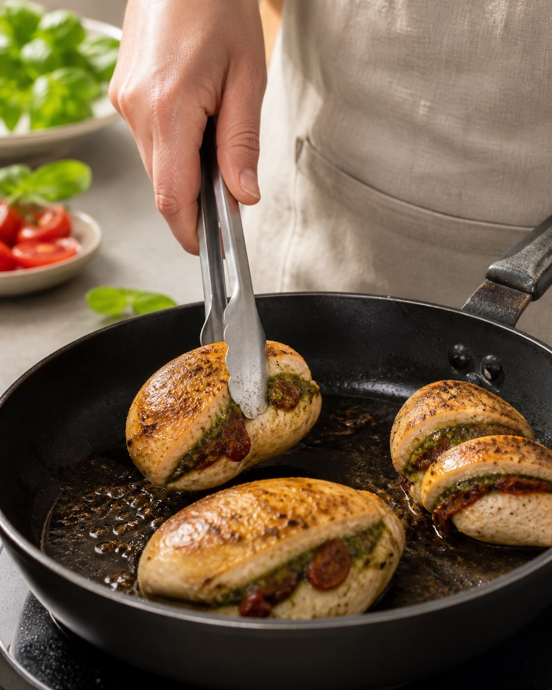 det fyldte kyllingebryst steger gylden med tydelige karamelliserede kanter under tilberedningen af fyldt kyllingebryst med pesto, mozzarella og ovntomater