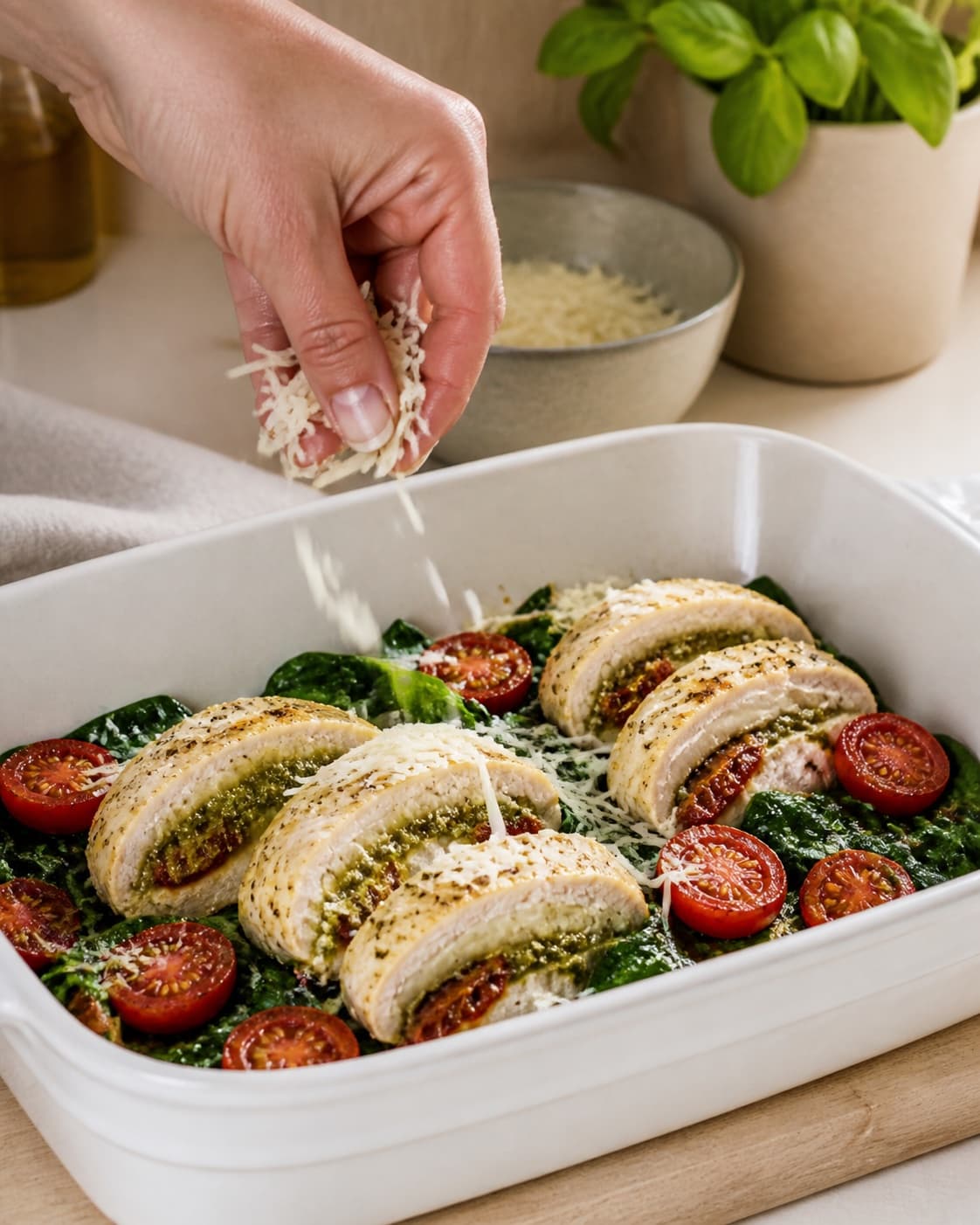 det fyldte kyllingebryst anrettes med ovntomater, spinat og parmesan under tilberedningen af fyldt kyllingebryst med pesto, mozzarella og ovntomater