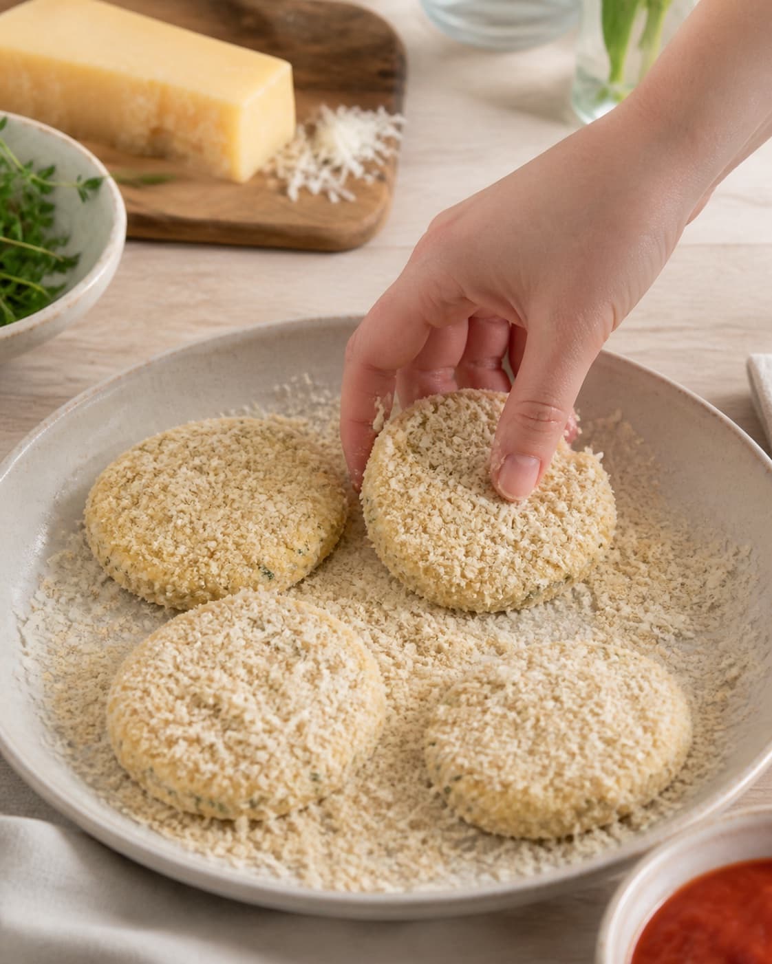 risottodellerne dækkes jævnt med æg, panko og parmesan under tilberedningen af sprøde risottodeller med mozzarella og tomatdip