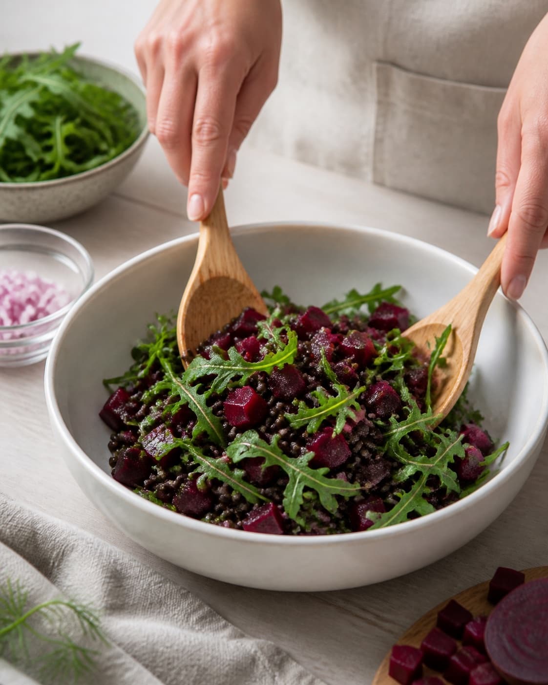 linser, rødbede og rucola klargøres ensartet til belugalinsesalaten under tilberedningen af belugalinsesalat med grillost, rødbede og dild