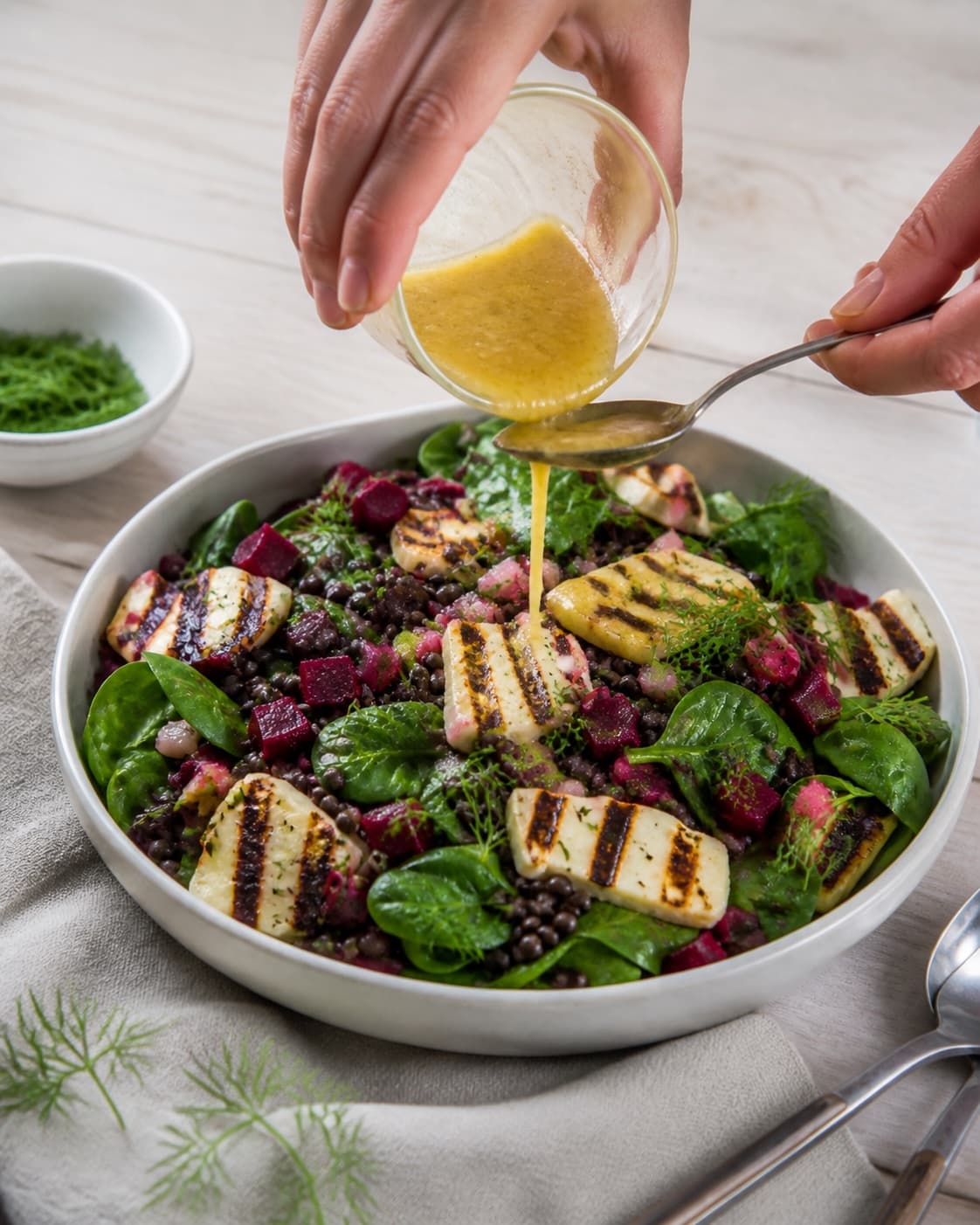belugalinsesalaten vendes nænsomt med dild-sennepsdressingen under tilberedningen af belugalinsesalat med grillost, rødbede og dild