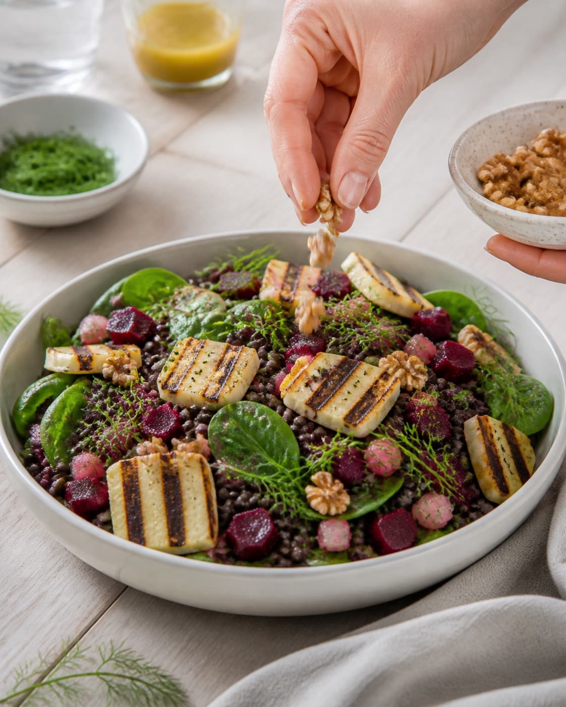 belugalinsesalaten anrettes luftigt med varm grillost og valnødder under tilberedningen af belugalinsesalat med grillost, rødbede og dild