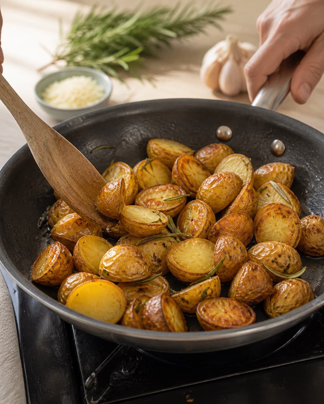 rosmarinkartoflerne steger gylden med tydelige karamelliserede kanter under tilberedningen af rosmarinkartofler med citron, hvidløg og parmesan