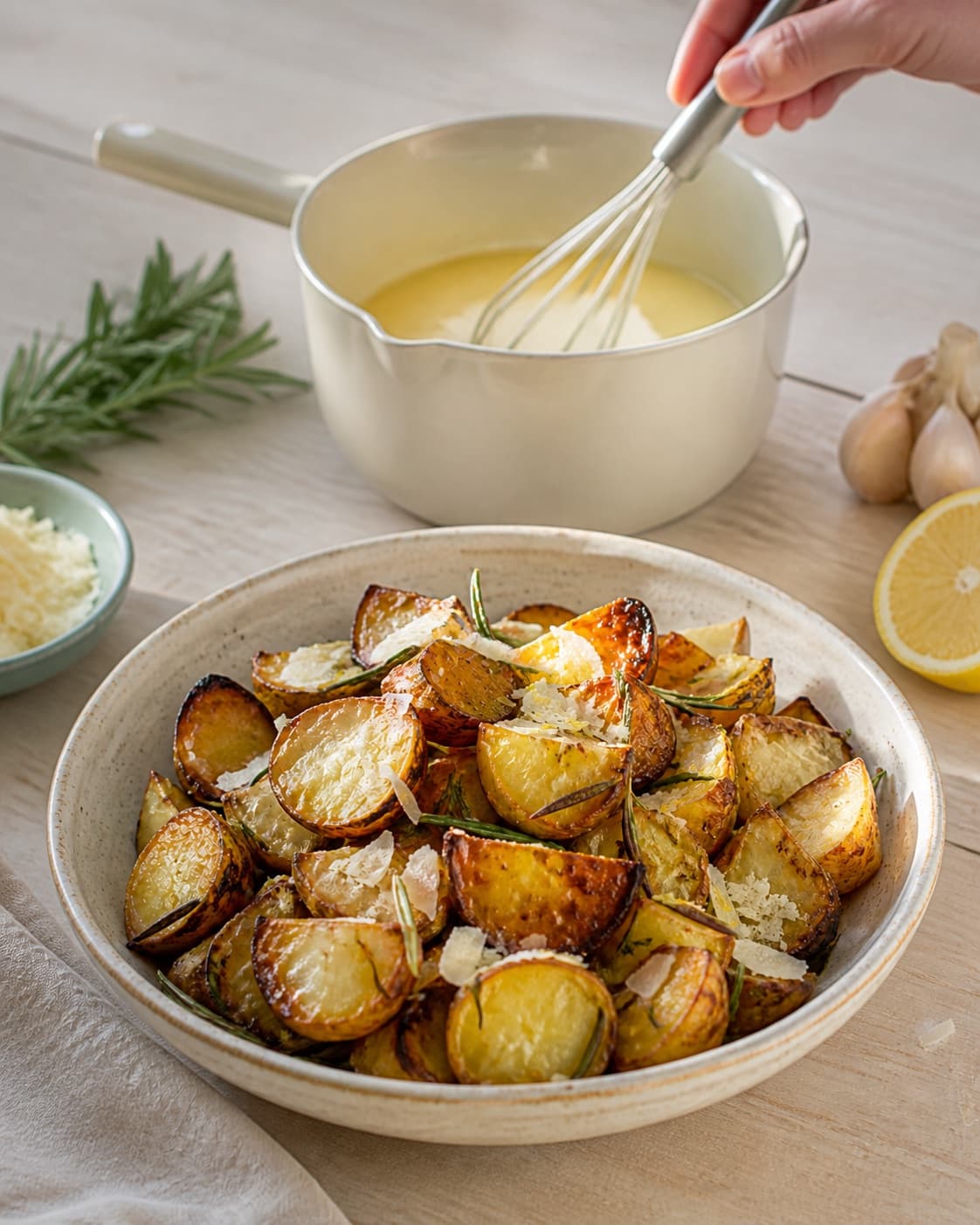 rosmarinkartoflerne hviler mens en blank sky samles under tilberedningen af rosmarinkartofler med citron, hvidløg og parmesan