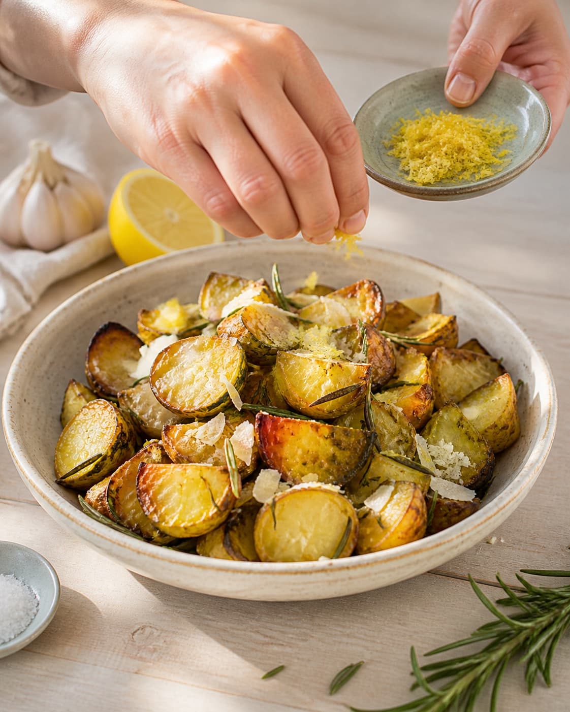 rosmarinkartoflerne anrettes med parmesan, citronskal og flagesalt under tilberedningen af rosmarinkartofler med citron, hvidløg og parmesan