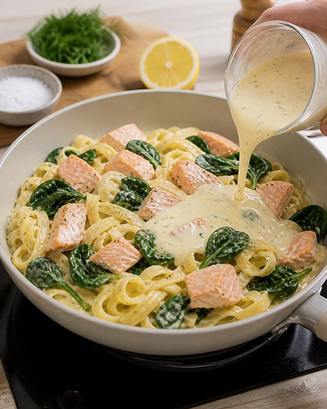 skalotteløg, spinat og citronfløde bygges i en bred pande under tilberedningen af pasta med laks, spinat og citronflødesauce
