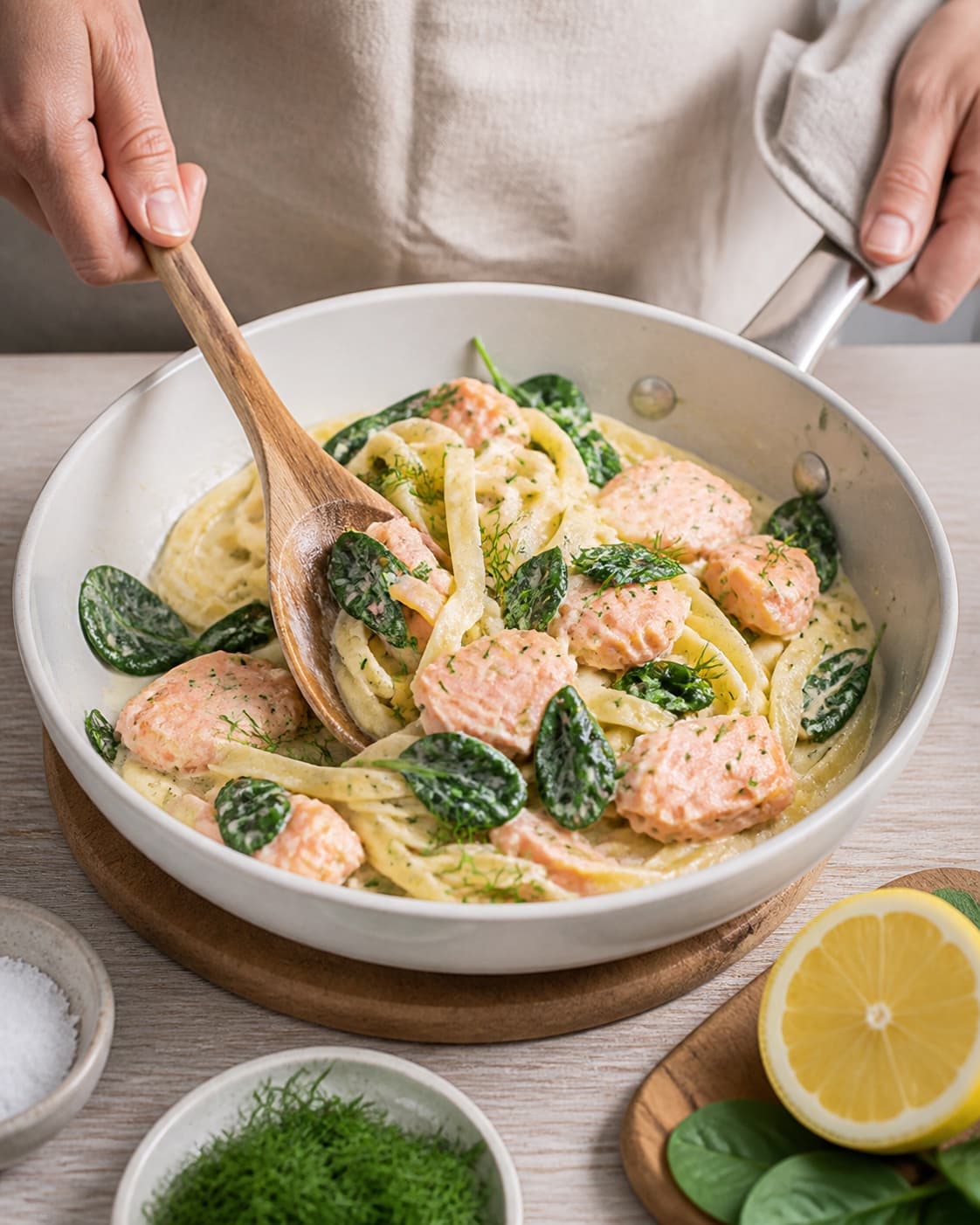 pasta med laks justeres cremet væk fra hård varme under tilberedningen af pasta med laks, spinat og citronflødesauce