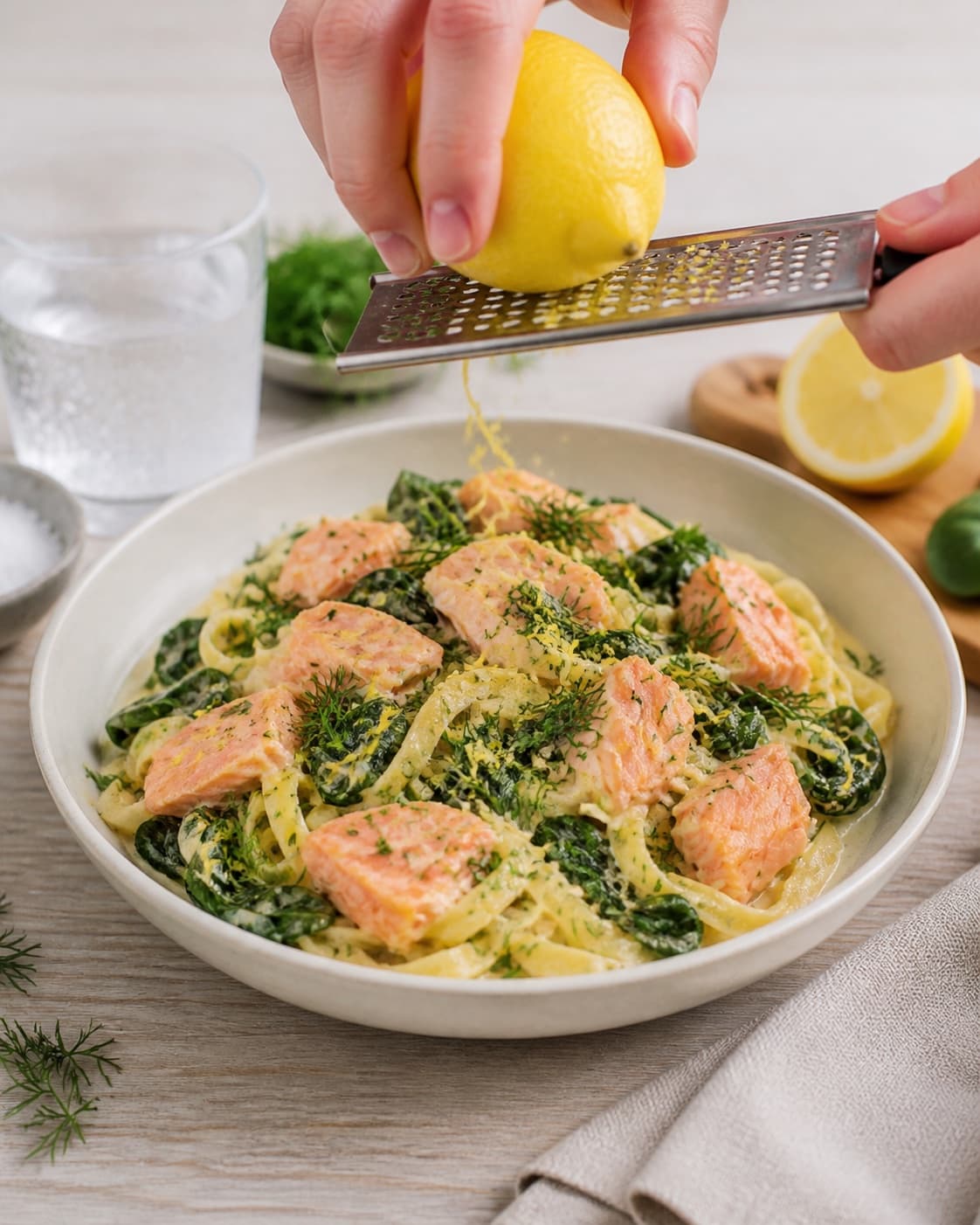 pasta med laks får gennemstegte lakseflager, dild og citronskal lige før servering under tilberedningen af pasta med laks, spinat og citronflødesauce