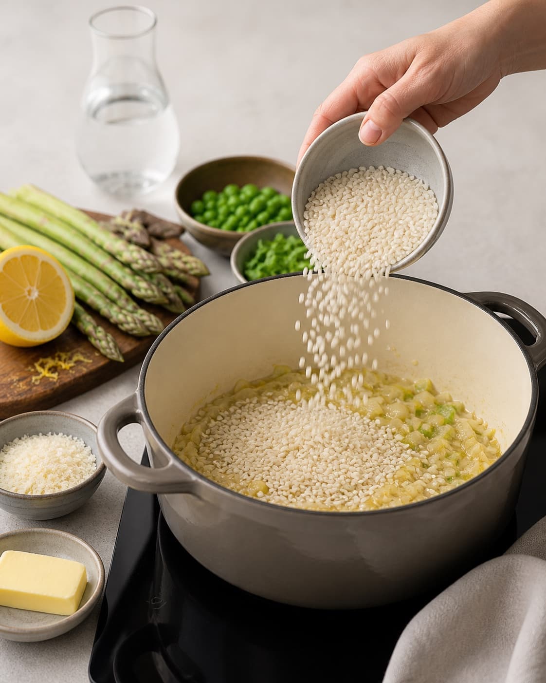 Råvarer til aspargesrisottoen står klargjort ved gryden under tilberedningen af aspargesrisotto med citron, ærter og pecorino