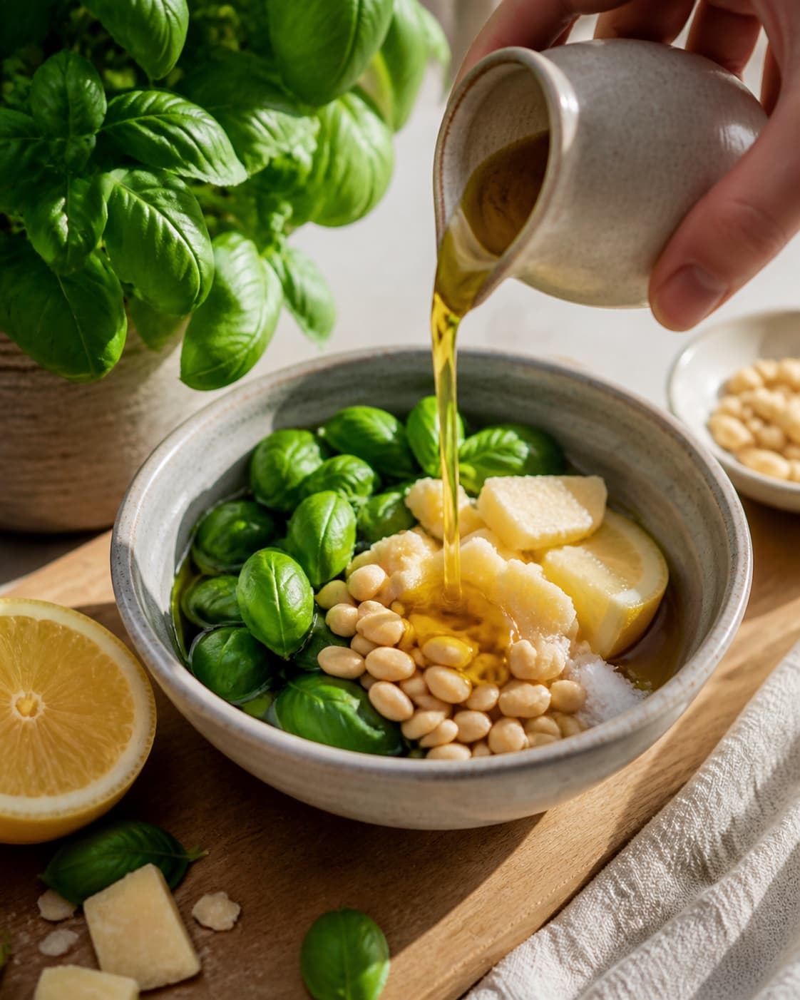 olivenolie, parmesan og citron koges klart til basilikumpestoen under tilberedningen af basilikumpesto med mandel, citron og lagret ost