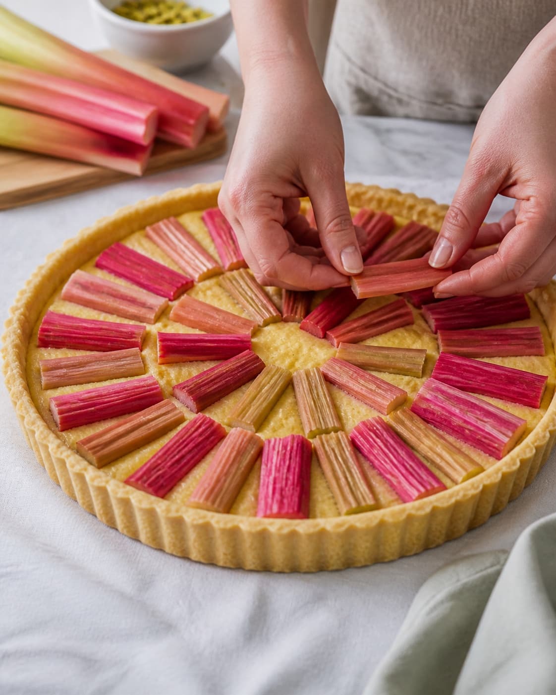 marcipancreme og rabarbervifter fordeles jævnt i den ubagte rabarbertærten under tilberedningen af rabarbertærte med marcipan, pistacie og citron