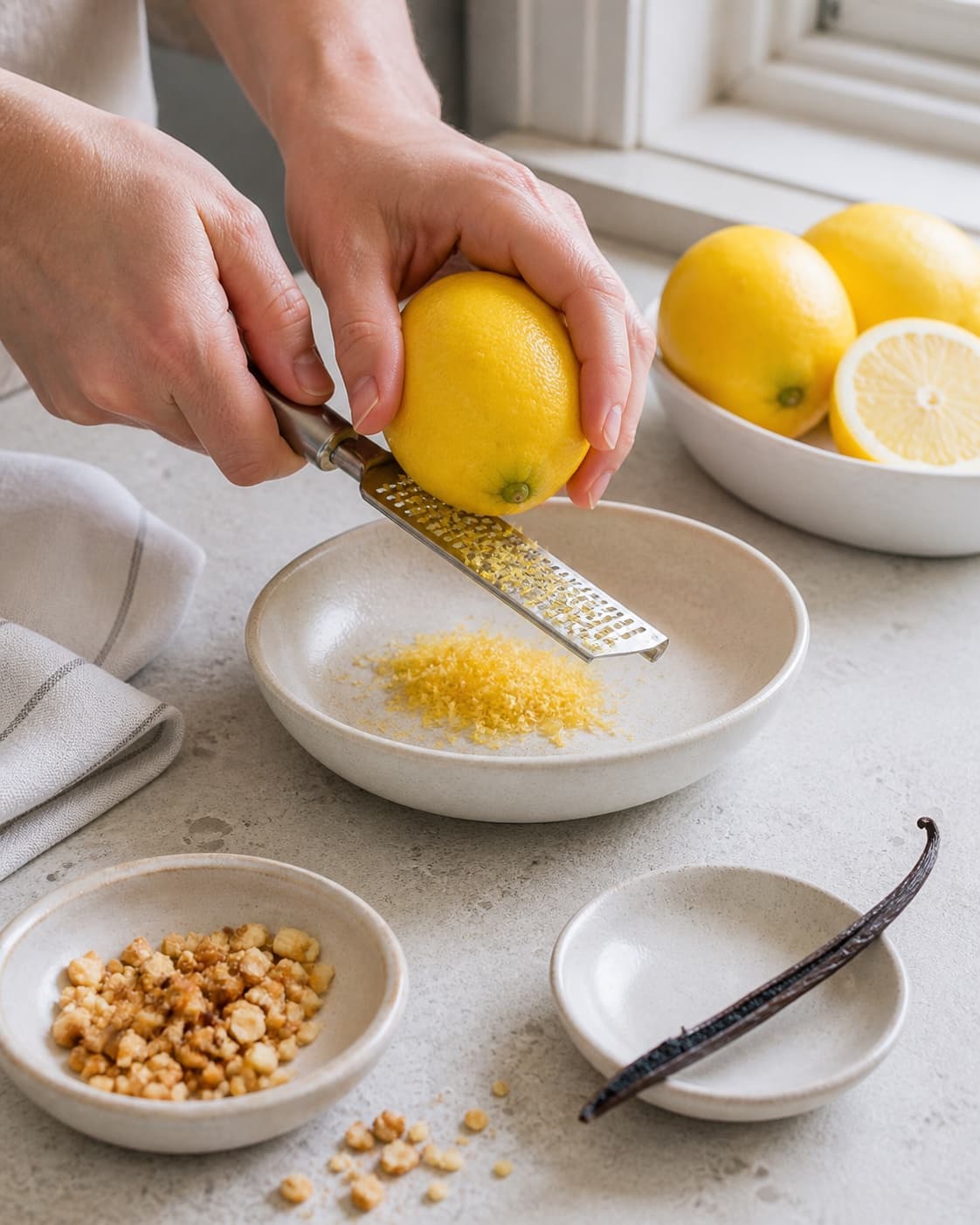 citron, vanilje og mandel klargøres til citronfromagen under tilberedningen af citronfromage med vanilje, skyr og mandelknas