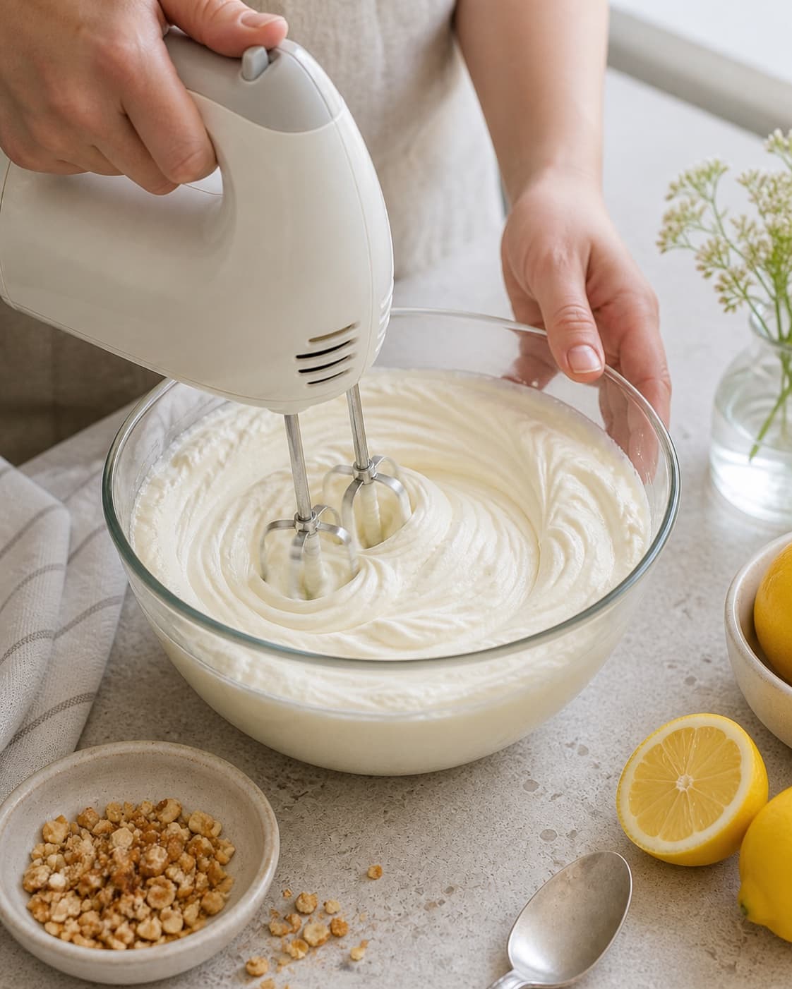 skyr-flødecremen med pasteuriserede æg piskes til bløde glatte toppe under tilberedningen af citronfromage med vanilje, skyr og mandelknas
