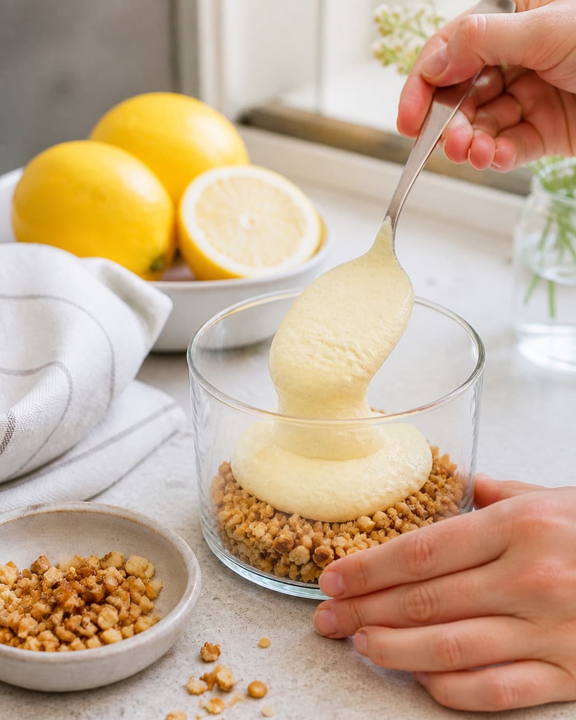 citronfromagen bygges i tydelige lag under tilberedningen af citronfromage med vanilje, skyr og mandelknas