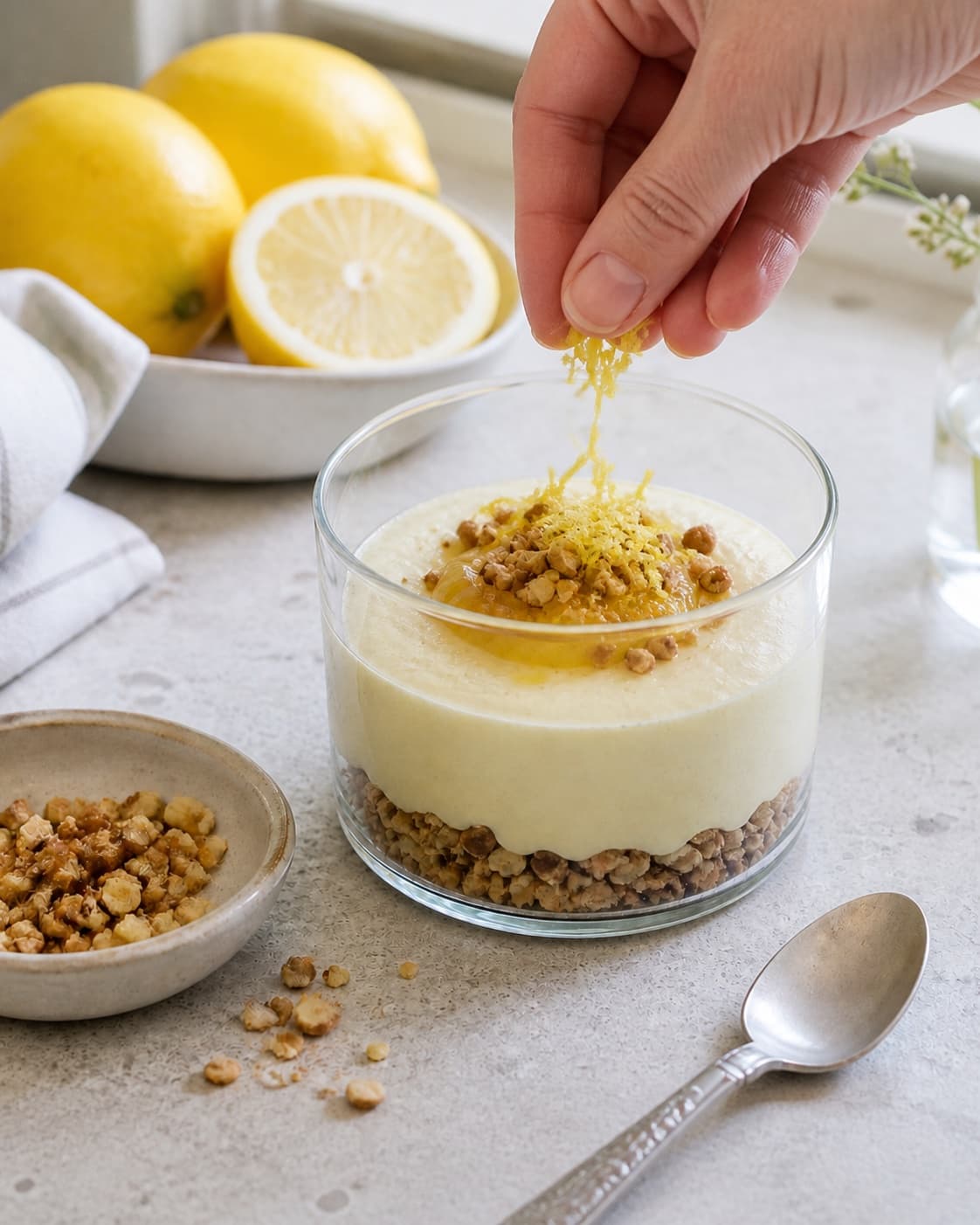citronfromagen afsluttes kold med mandelknas og fintrevet citronskal under tilberedningen af citronfromage med vanilje, skyr og mandelknas