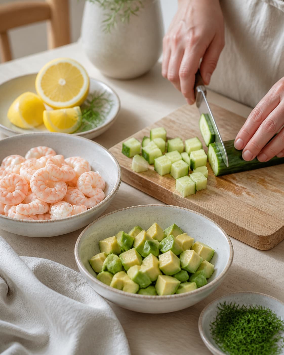 rejer, avocado og agurk klargøres ensartet til rejesalaten under tilberedningen af rejesalat med dild, avocado og citron