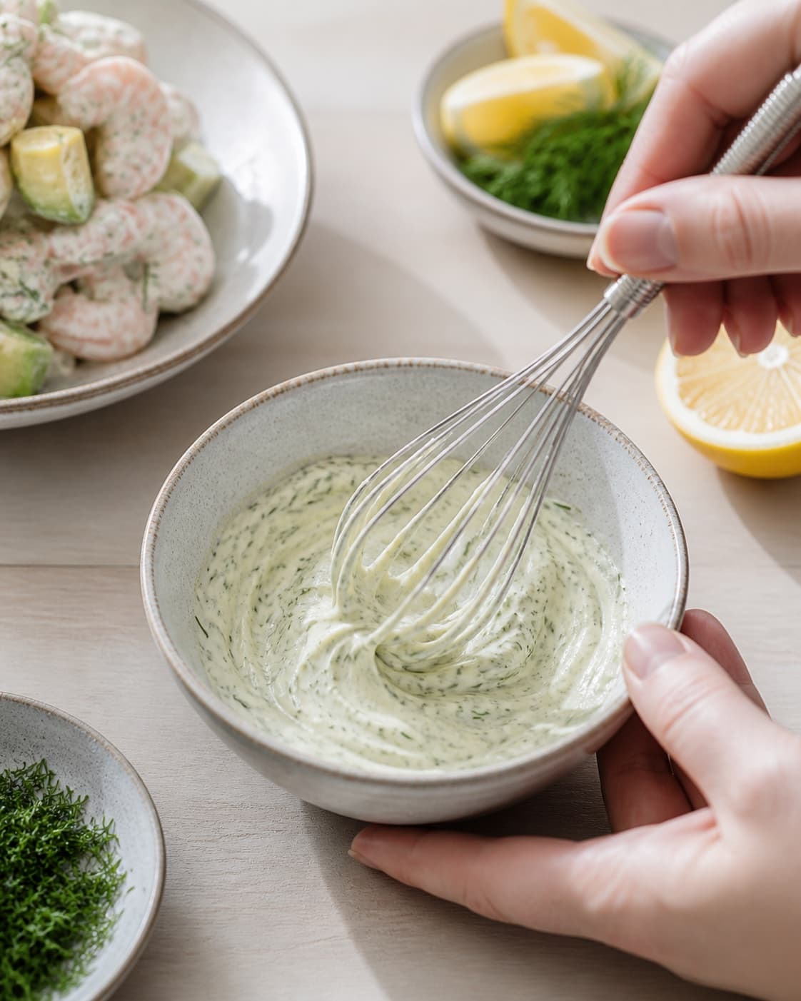 dild-citrondressingen piskes blank i en lille skål under tilberedningen af rejesalat med dild, avocado og citron