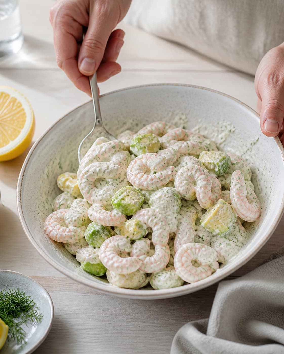 rejesalaten vendes nænsomt med dild-citrondressingen under tilberedningen af rejesalat med dild, avocado og citron