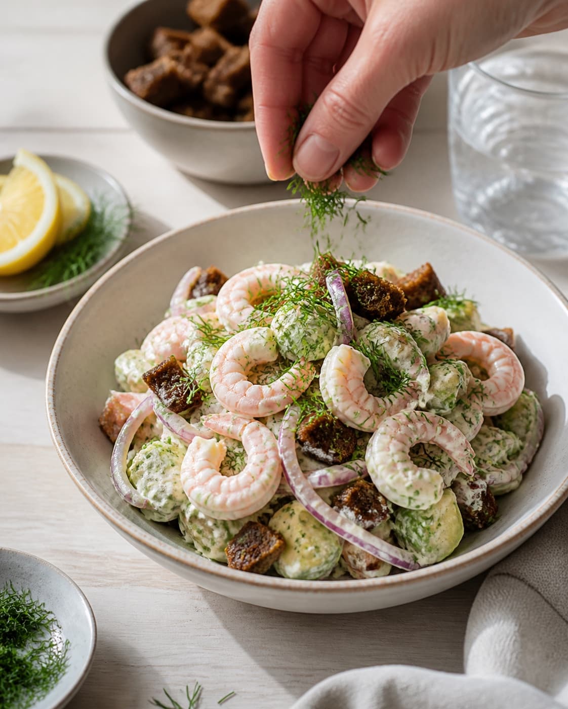 rejesalaten anrettes luftigt med rødløg, dild og ristet rugbrød under tilberedningen af rejesalat med dild, avocado og citron