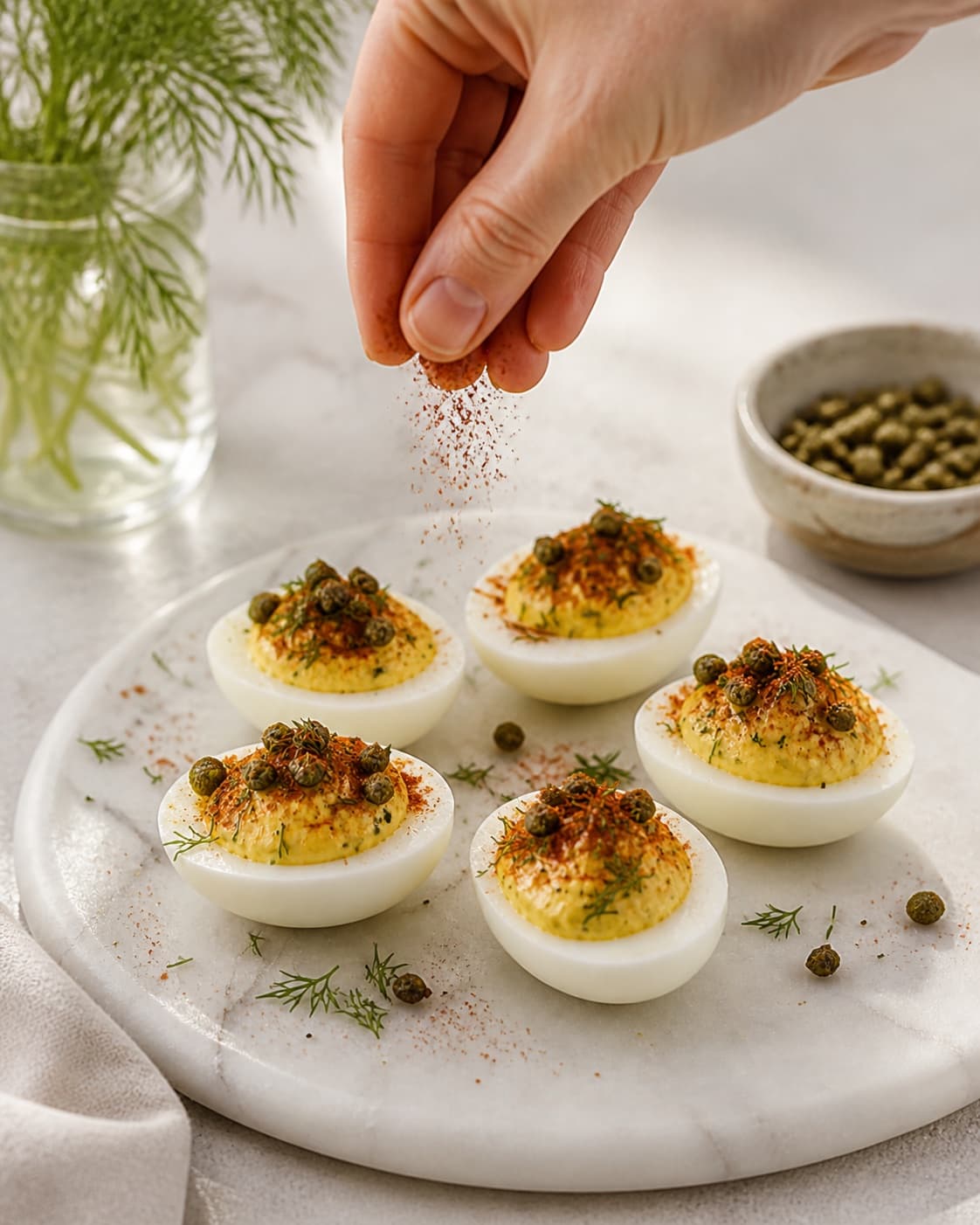 de fyldte æg dækkes jævnt med sprøde kapers og paprika under tilberedningen af fyldte æg med dild, sennep og sprøde kapers