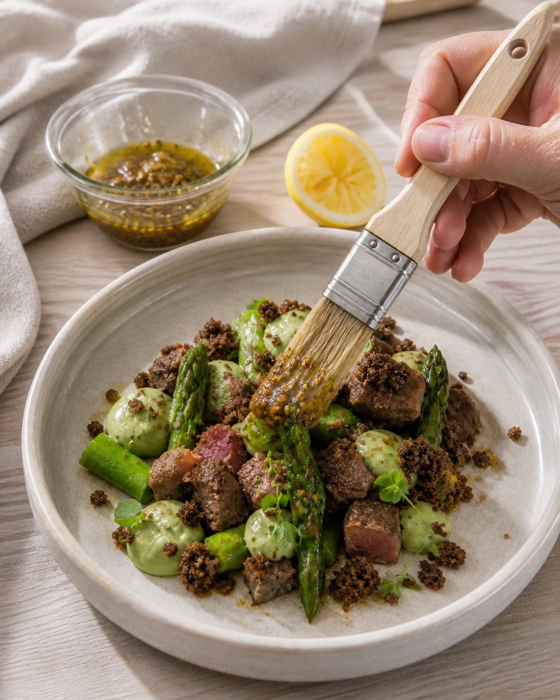 kalvefilet og asparges pensles jævnt med sennep, citron og olie under tilberedningen af stegt kalvetatar-inspireret anretning med asparges og rugcrumble