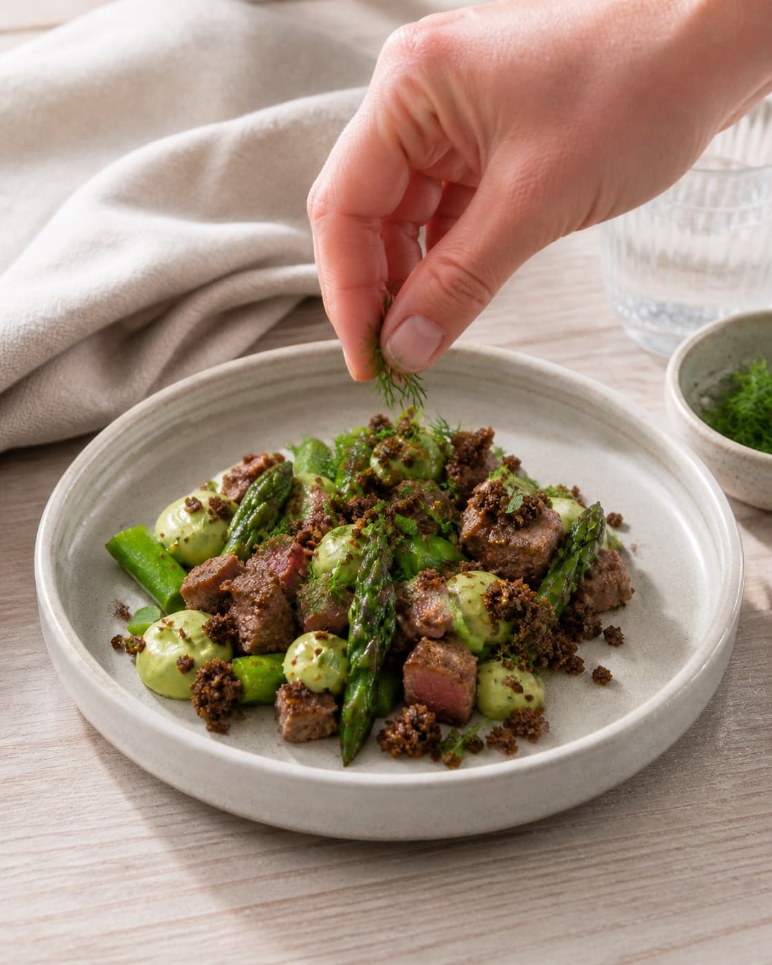 den stegte kalveanretning anrettes med aspargesmayonnaise, rugcrumble og dild under tilberedningen af stegt kalvetatar-inspireret anretning med asparges og rugcrumble