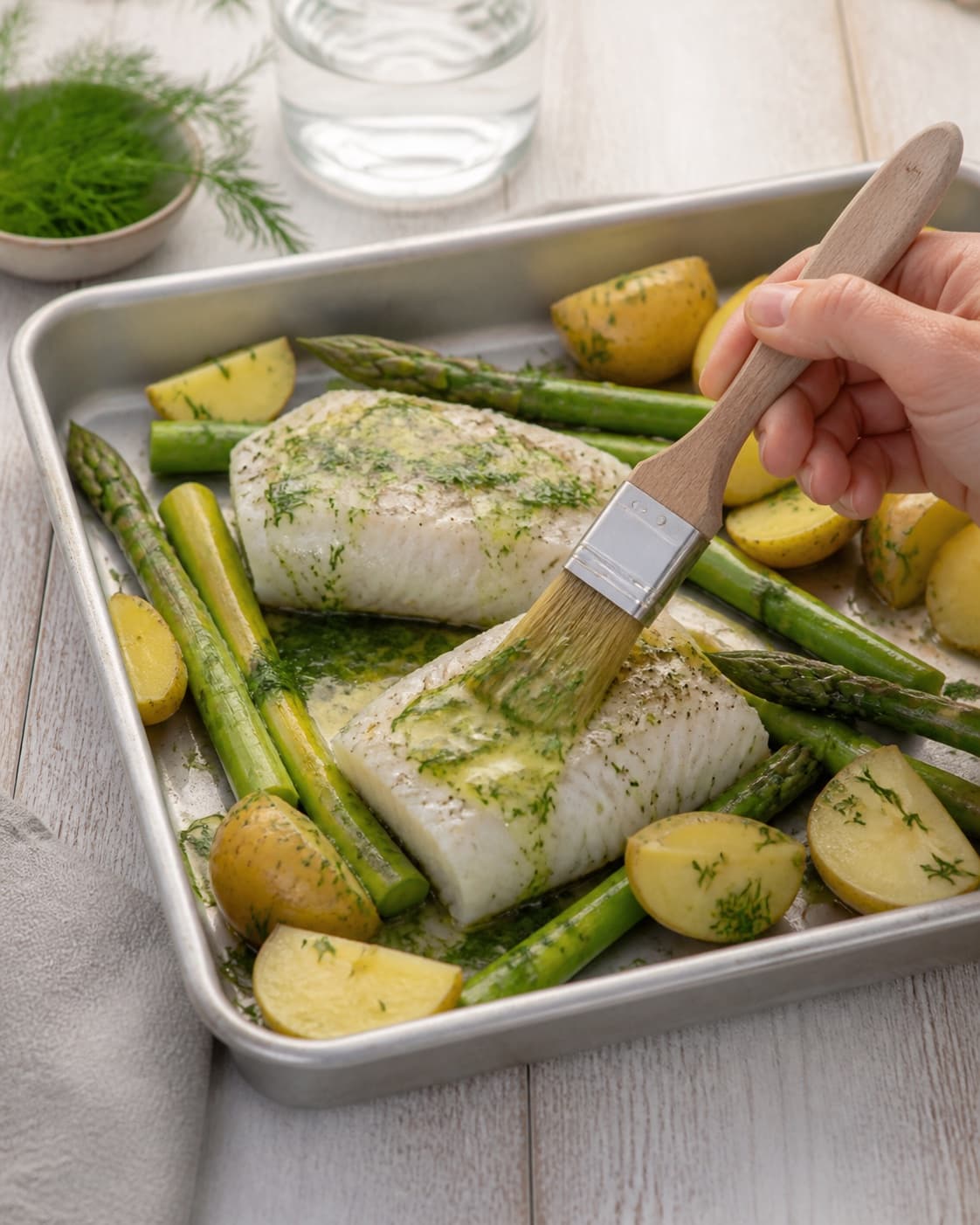 torsk, asparges og kartofler pensles jævnt med smør, citron og dild under tilberedningen af bagt torsk med asparges, rygeostsauce og dildrogn